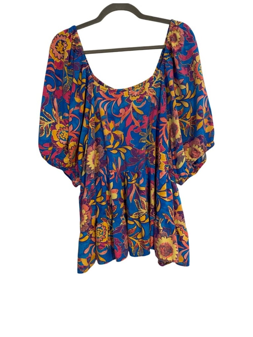 Terra & Sky Women's 4X Blue Floral Top Boho Lightweight Rayon Peasant Casual